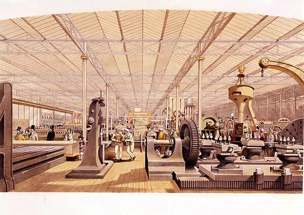 Industrial revolution: internal view of the mechanical pavilion at the Crystal Palace, built by Joseph Paxton for the 1851 World Exposition in London 19th century