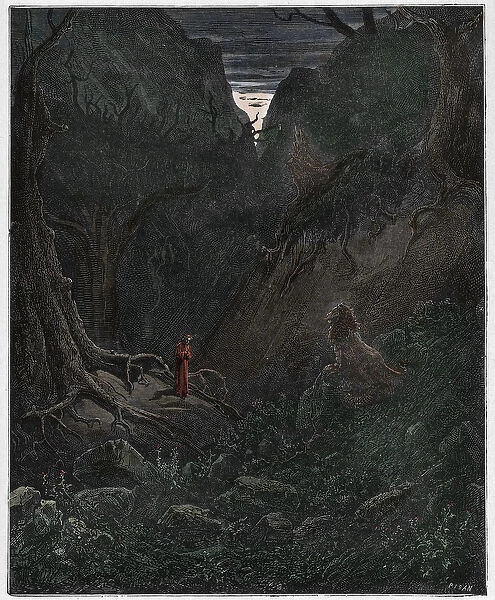 Inferno, Canto 1 : The lion suddently confronts Dante, illustration from