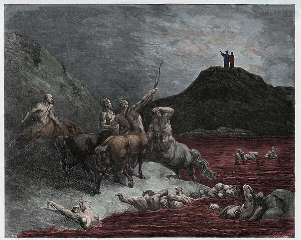 Inferno, Canto 12 : Nessus (Nessos) and the centaurs, illustration from