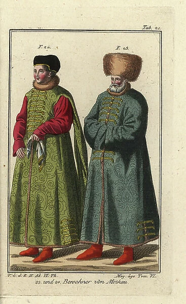 Inhabitants of Moscow, Russia. Handcolored copperplate engraving from Robert von Spalart's '' Historical Picture of the Costumes of the Peoples of Antiquity, the Middle Ages and the New Era,'' written by Leopold Ziegelhauser, Vienna, 1837