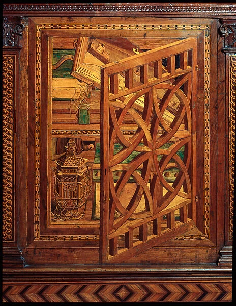 Inlaid wooden lectern decorated with a trompe l oeil window, 1498