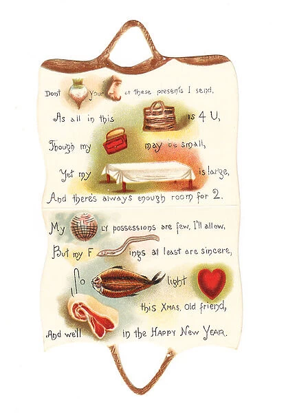 The inside of a Victorian die cut greeting card depicting items in a shopping bag