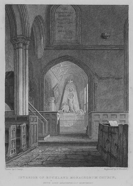 Interior of Buckland Monachorum Church, with Lord Heathfields Monument (engraving)