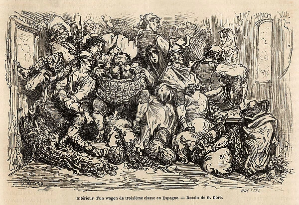 The interior of a third class wagon in Spain, drawing by Gustave Dore (1832-1883)