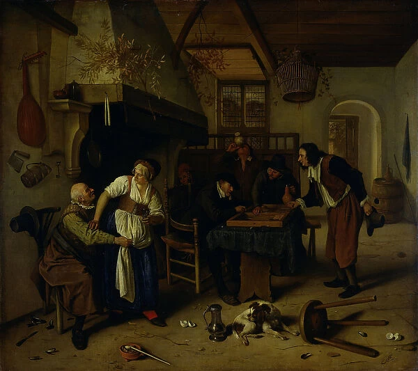 Interior of an inn with an old man amusing himself with the landlady