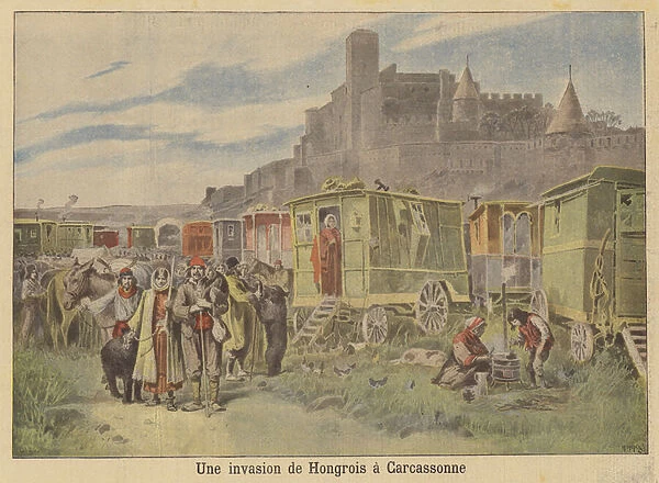 An invasion of Hungarian gypsies at Carcassonne (colour litho)