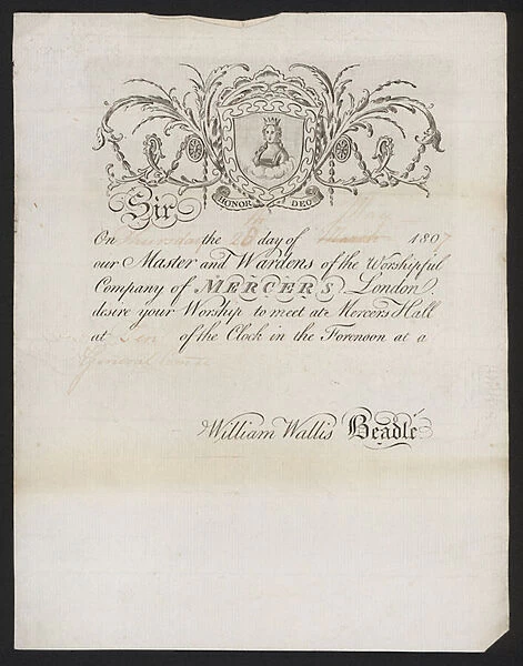 Invitation to a meeting of the Worshipful Company of Mercers at Marcers Hall, City of London, 1807 (litho)