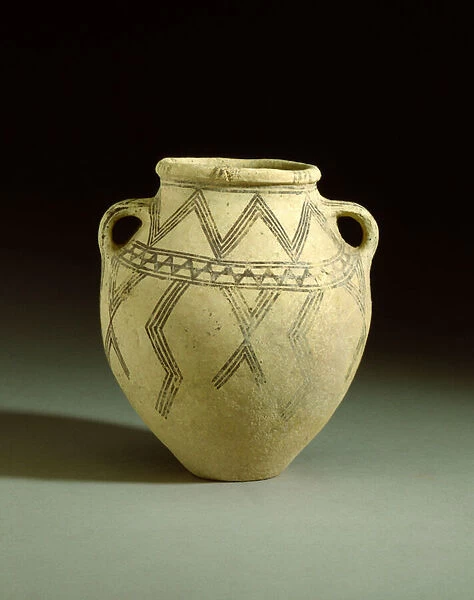An Iranian pottery vase of ovoid form with two loop handles and a rounded rim, with black painted geometric patten, c. 2000 BC (ceramic)