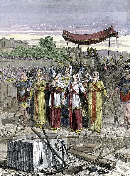 Israelites celebrating the reconstruction of the temple of Solomon in Jerusalem after the occupation of Babylon. Colour engraving of the 19th century