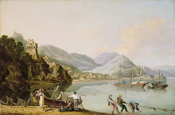 An Italian Harbour with a Genoese Chebec at Anchor (oil on canvas)