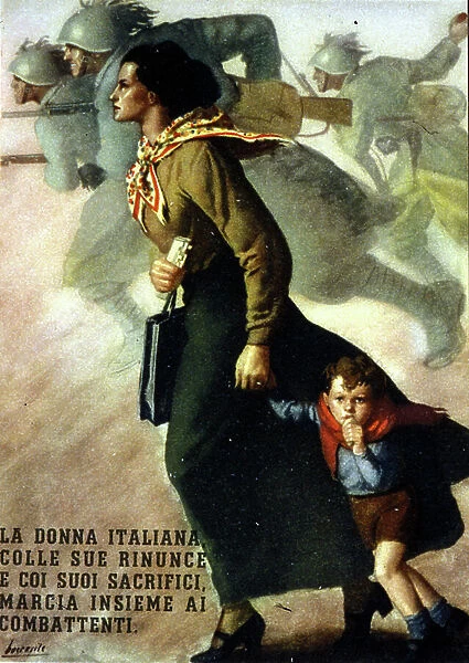 Italian poster by Gino Boccasile (1901-1952). 1943. 'The Italian woman with her renunciations and sacrifices advances alongside the combatants