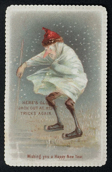 Jack Frost in a wintry scene, New Years greetings card. (chromolitho)