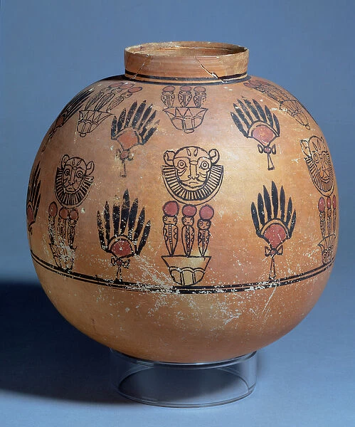 Jar decorated with lion masks and cobra goddesses on lotus flowers, from Tomb 1090, Faras