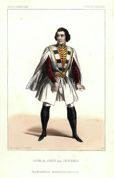 Jean-Baptiste Guyon or Georges Guyon as Orlof in Catherine II by Hippolyte Romand, Theatre Francais, 1844. Handcoloured lithograph after an illustration by Victor Dollet from Galerie Dramatique: Costumes des Theatres de Paris, Paris, 1845