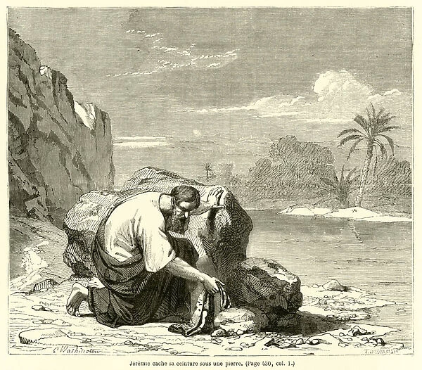 Jeremie cache sa ceinture sous une pierre (engraving)