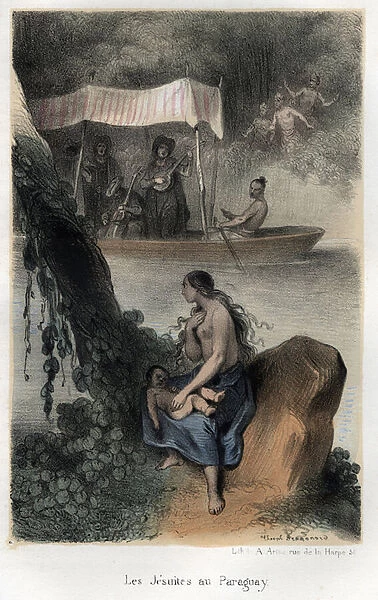Jesuit missionaries arrived by boat to the Guarani Indians in Paraguay in 1553. Engraving from 1845 in 'The dramatic and picturesque history of the Jesuites from the foundation of the order to the present day'