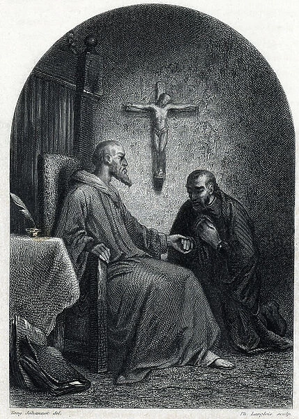 The Jesuite Saint Francois of Borgia (1510-1572) and the Emperor Charles V (1500-1558). 19th century (engraving from 'Histoire des jesuites' by Adolphe Boucher)