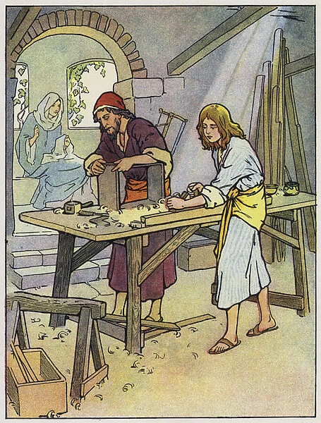 Jesus in the carpenters shop (colour litho)