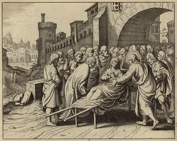 Jesus Christ raising the son of the widow of Nain from the dead (engraving)