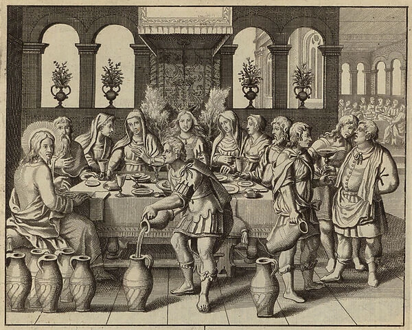 Jesus Christ turning water into wine at the wedding in Cana (engraving)