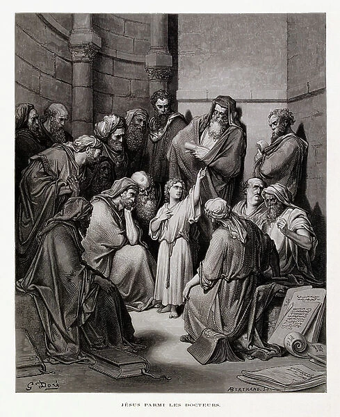 Jesus before the doctors, Illustration from the Dore Bible, 1866