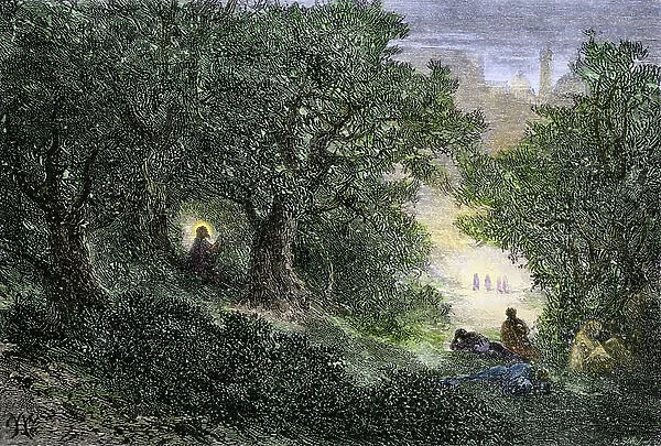 Jesus praying in the garden of olive trees before his arrest