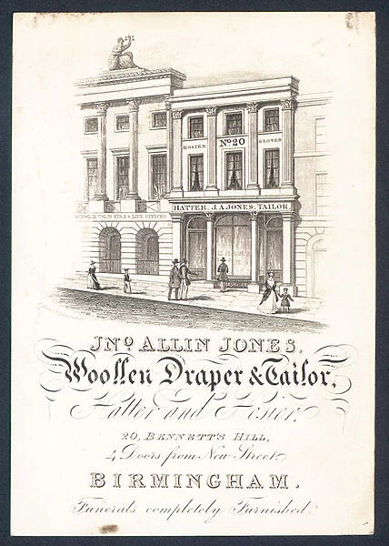 John Allin Jones, woollen draper and tailor, hatter and hosier, trade card (engraving)