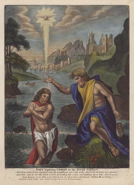 John baptizing Christ in the River Jordan (colour litho)