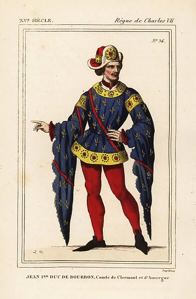 John I, Duke of Bourbon, Duke of Bourbon, Earl of Clermont and Auvergne, 1381-1434. Handcoloured lithograph by Leopold Massard after an Armorial of Auvergne in Roger de Gaignieres portfolio VI 19 from Le Bibliophile Jacob aka Paul Lacroix