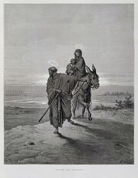 Joseph Mary and Jesus on the flight to Egypt, Illustration from the Dore Bible, 1866 (engraving)