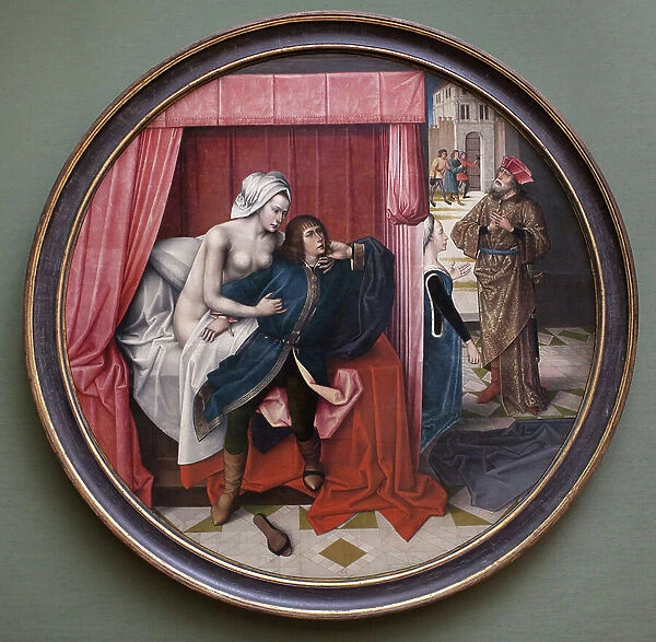 Joseph and the wife of Potiphar (Putiphar). Painting of the master of the legend of Joseph (active in Brussels around 1500), oil on wood, 16th century Flemish art, primitive. Munich, Alte Pinakothek (Germany)
