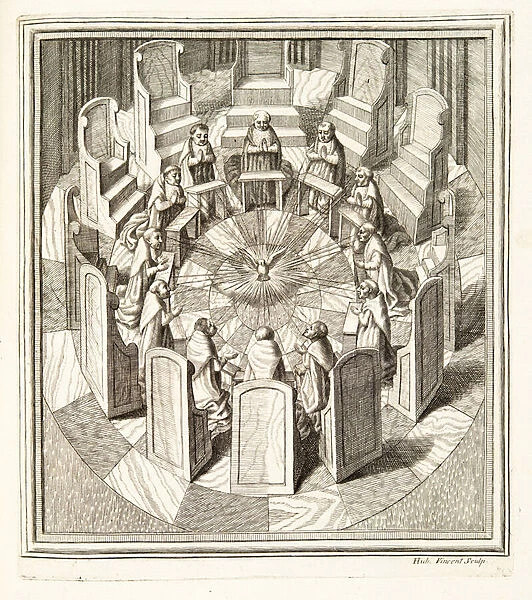 Twelve Judges of the Rota praying in a circular hall surrounding the Holy Spirit, pub