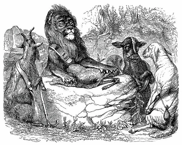 The juniper, the goat and the sheep, in society with the lion. Fable by Jean de La Fontaine illustrated by Grandville, edition Garnier 1860