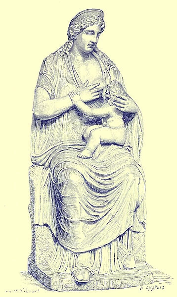 Juno nursing the infant Hercules, statue in the Vatican, illustration from History of Rome by Victor Duruy, published 1884 (digitally enhanced image)