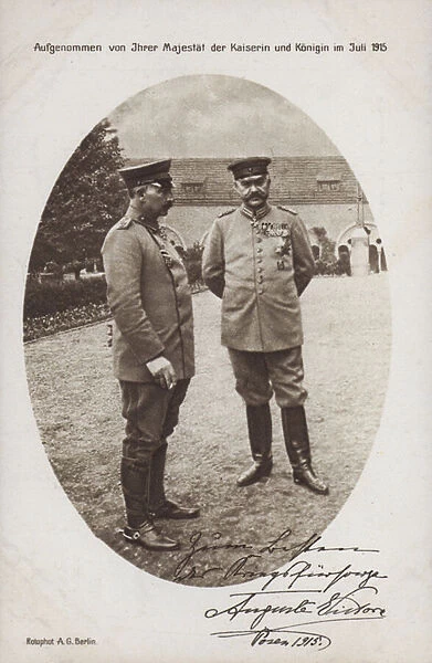 Kaiser Wilhelm II with Field Marshal Paul von Hindenburg, commander of the German army, Posen, World War I, 1915 (b  /  w photo)