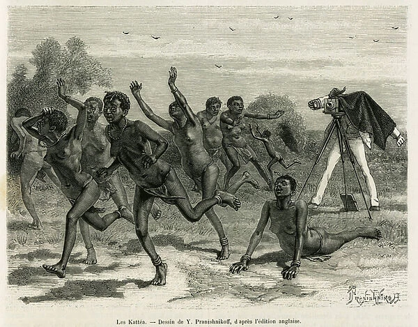 Kattea women fleeing in front of the photographer. Engraving by Y. Pranishnikoff to illustrate the story Huit mois au Kalahari, by M. Farini, in le tour du monde 1886, directed by Edouard Charton (1807-1890), Hachette, Paris