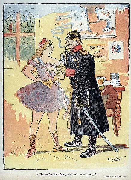 A kiel - A German officer in uniform, with helmet pointed on his head, personification of Germany, courts and kisses Marianne, the personification of France, wearing a dance dress. She says shes ready to do business with him, but nothing more