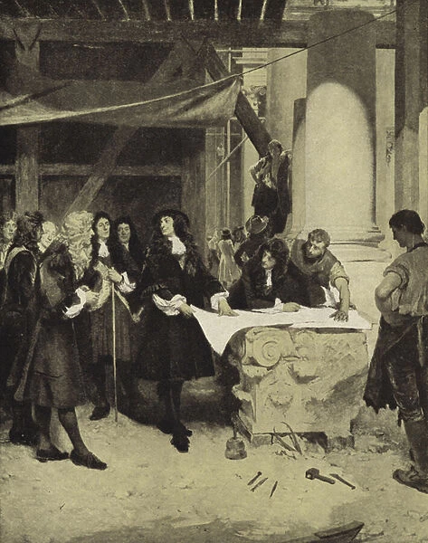 King Charles II visiting Sir Christopher Wren during the building of St Pauls Cathedral, late 17th Century (litho)