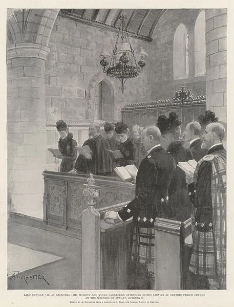 King Edward VII at Balmoral, His Majesty and Queen Alexandra attending Divine Service at Crathie Parish Church on the Morning of Sunday, 6 October (litho)