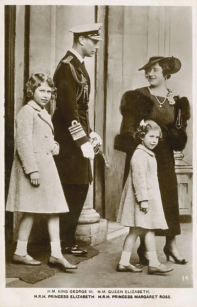 King George VI and Queen Elizabeth with their daughters, Princesses Elizabeth and Margaret (b  /  w photo)