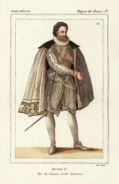 King Henry IV of France and Navarre. In costume for the 1600 ceremony of marriage to Marie de Medici. Drawn and lithographed by Alexandre Massard after a contemporary print from Le Bibliophile Jacob aka Paul Lacroix's Costumes Historique de la