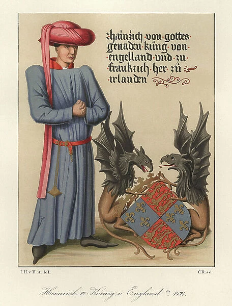 King Henry VI of England (1421-1471), with two dragons wings holding his coat of arms, composed of lions and lilies, according to the journal of the knights of Ehingen - Chromolithography, drawing by Jakob Heinrich von Hefner-Alteneck (1811-1903)
