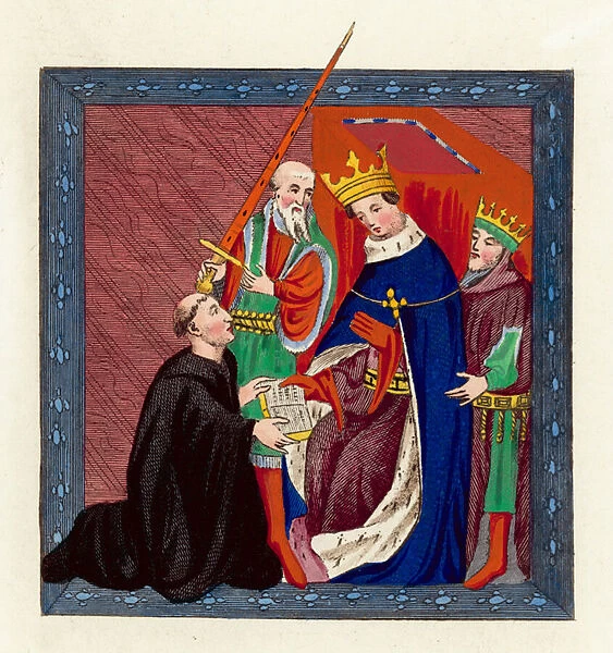 King Henry VI and John Lydgate (coloured engraving)