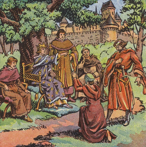 King Louis IX of France dispensing justice beneath an oak tree at Vincennes, 13th Century (colour litho)