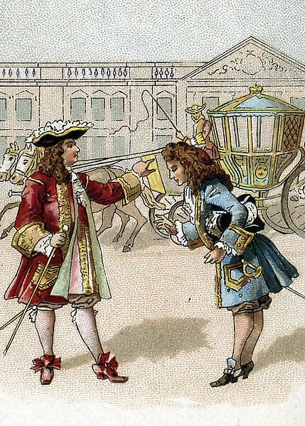 King Louis XIV (1638-1715) after an extended waiting of his coach in Versailles in 1700. 19th century (chromolithograph)