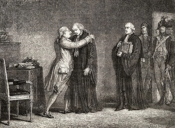 King Louis XVI (1754-93) Meets with De Malesherbes (1721-94) (engraving)