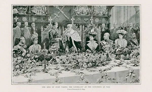 The King of Spain taking the Loving-Cup at the Guildhall (litho)