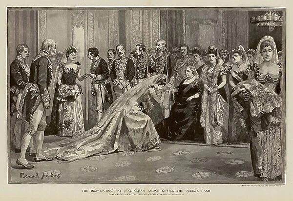 Kissing Queen Victoria's hand in the drawing room at Buckingham Palace, London (engraving)