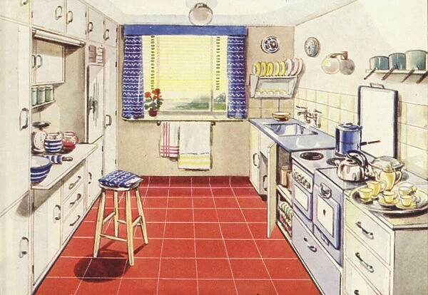 Kitchen with electric horizontal cooker (colour litho)