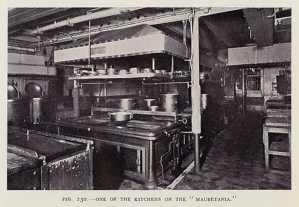 One of the kitchens on the 'Mauretania' (b / w photo)